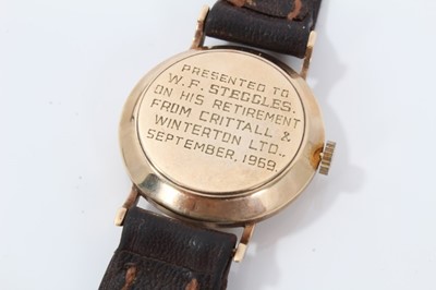 Lot 168 - 1960's Gentleman's 9ct Gold Bentima Wristwatch with presentation inscription to rear of case