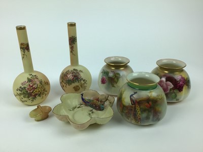Lot 54 - Selection of Royal Worcester including pair of slender neck bottle vases, miniature basket etc, 7 pieces