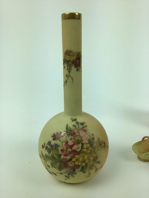 Lot 54 - Selection of Royal Worcester including pair of slender neck bottle vases, miniature basket etc, 7 pieces