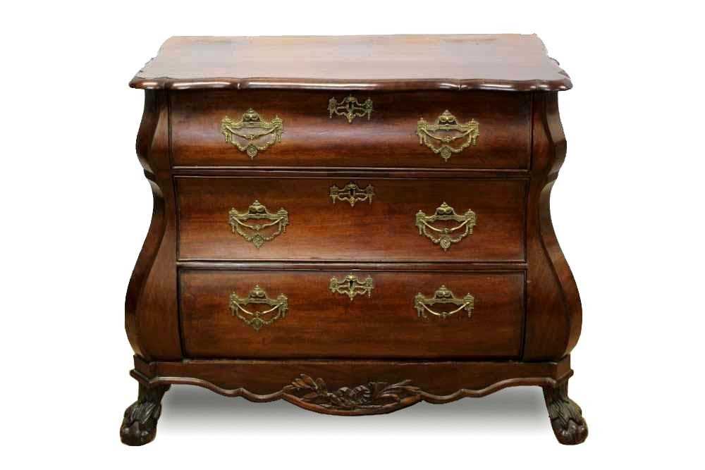 Lot 1307 - 19th century Dutch mahogany bombe commode chest, the shaped top above three long graduated drawers with brass handles and escutcheons, on carved claw and ball feet, 110cm at the widest point x 60cm...
