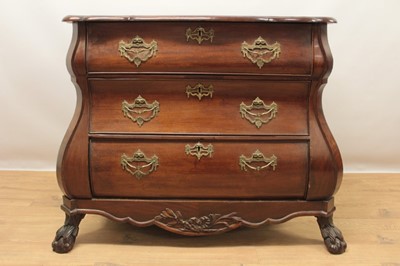 Lot 1307 - 19th century Dutch mahogany bombe commode chest, the shaped top above three long graduated drawers with brass handles and escutcheons, on carved claw and ball feet, 110cm at the widest point x 60cm...