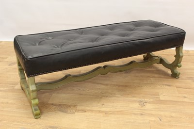 Lot 1471 - Antique Northern Italian painted long stool with buttoned black leather seat, on shaped end standards joined by a shaped stretcher, 112cm long x 41cm wide x 38cm high