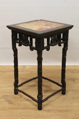 Lot 1466 - Late 19th century Chinese hardwood simulated bamboo side table/jardinière stand, with inset rouge marble top, carved beaded border and bamboo formed supports joined by stretchers, 37cm square x 61c...