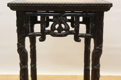 Lot 941 - Late 19th century Chinese hardwood simulated bamboo side table/jardinière stand, with inset rouge marble top, carved beaded border and bamboo formed supports joined by stretchers, 37cm square x 61c...