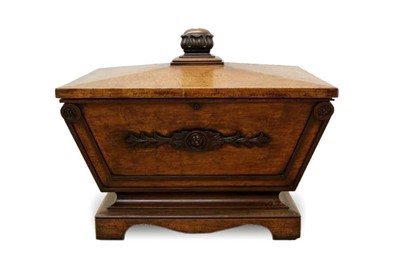 Lot 1461 - Regency mahogany sarcophagus shaped cellarette with carved inverted tulip formed knop of bold proportions, lead lined interior, stepped plinth with bracket feet terminating on brass castors, 70cm w...