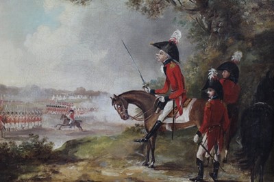 Lot 233 - Attributed to Henry William Bunbury (1750-1811) oil on canvas - The Duke of Cambridge on horseback inspecting a military parade, in gilt frame, 30cm x 35cm p
