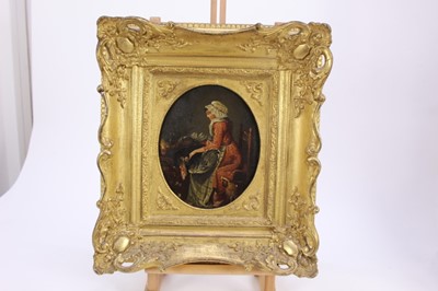 Lot 234 - 18th century French School oil on tin panel after Angelica Kauffman - kitchen interior with a maid plucking a turkey, in good gilt frame, 24cm x 19cm