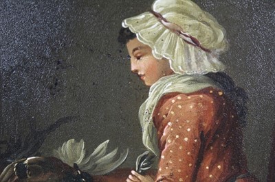 Lot 234 - 18th century French School oil on tin panel after Angelica Kauffman - kitchen interior with a maid plucking a turkey, in good gilt frame, 24cm x 19cm