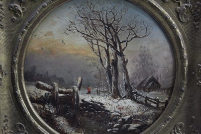 Lot 236 - Manner of Thomas Smythe (1825-1907) oil on canvas - a winter landscape, tondo, in gilt frame, 29.5cm diameter