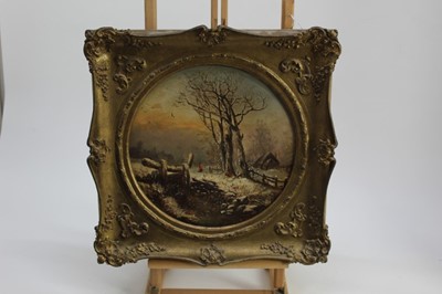Lot 236 - Manner of Thomas Smythe (1825-1907) oil on canvas - a winter landscape, tondo, in gilt frame, 29.5cm diameter