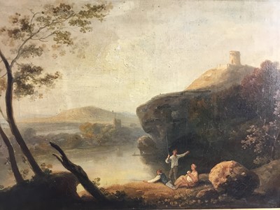 Lot 237 - Attributed to Richard Wilson (1714-1782) oil on canvas - a family fishing beside a lake, apparently unsigned, in good gilt frame, 33cm x 46cm