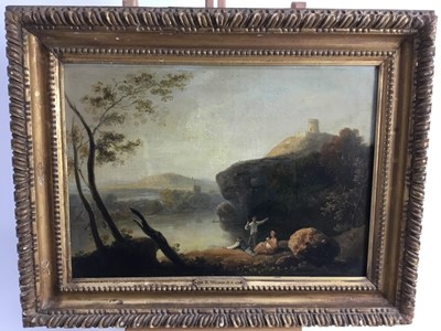 Lot 237 - Attributed to Richard Wilson (1714-1782) oil on canvas - a family fishing beside a lake, apparently unsigned, in good gilt frame, 33cm x 46cm