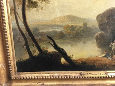 Lot 237 - Attributed to Richard Wilson (1714-1782) oil on canvas - a family fishing beside a lake, apparently unsigned, in good gilt frame, 33cm x 46cm