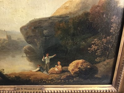 Lot 237 - Attributed to Richard Wilson (1714-1782) oil on canvas - a family fishing beside a lake, apparently unsigned, in good gilt frame, 33cm x 46cm