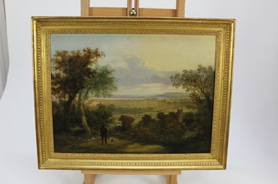 Lot 238 - 19th century English School oil on canvas - an extensive landscape with a sportsmen with his dogs, in gilt frame, 32cm x 43cm