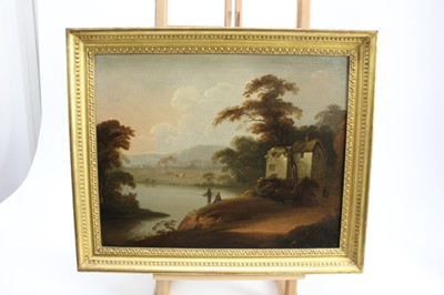 Lot 239 - Pair of early 19th century English School oils on canvas - Lakeland landscapes with figures fishing, in gilt frames, 34cm x 42cm