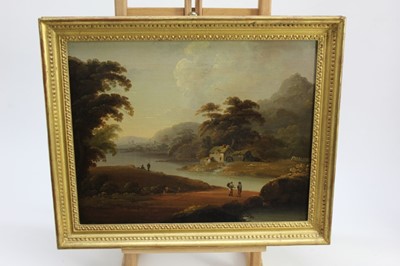 Lot 239 - Pair of early 19th century English School oils on canvas - Lakeland landscapes with figures fishing, in gilt frames, 34cm x 42cm