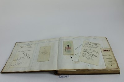 Lot 1096 - An Edwardian Visitors book used as a scrapbook by Dorothy Fane Gladwin Seven Springs, Cheltenham 1908- 1950. Includes photographs, cuttings, Ball dance cards,  relating to her wedding,  Horse Racin...