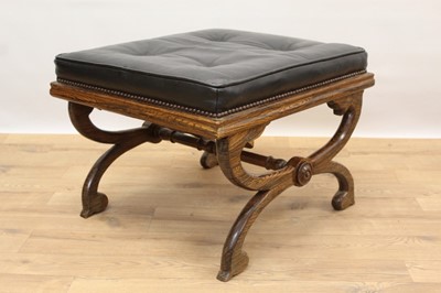 Lot 1455 - 19th century simulated rosewood X-framed stool joined by a turned stretcher, with black buttoned leather seat, 59cm x 54cm f