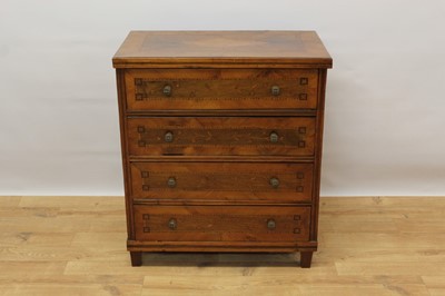 Lot 1456 - 19th century Continental walnut chest of small proportions with marquetry inlaid panels and foliate motifs to drawer fronts, four long drawers with brass handles, on square taper block feet, 70cm w...