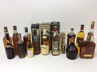 Lot 15 - Fifteen mixed bottles to include: Glen Moray 12 Year Old Whisky, Tomintoul Glenlivet Single Highland Malt, Bushmills 10 Year Old, Woodford Reserve Bourbon Whisky, five bottles unidentified and othe...