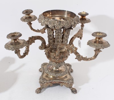 Lot 238 - Impressive Regency century silver plated table centre, with central campana form urn with ornate acanthus leaf and scroll decoration and four removable scroll form