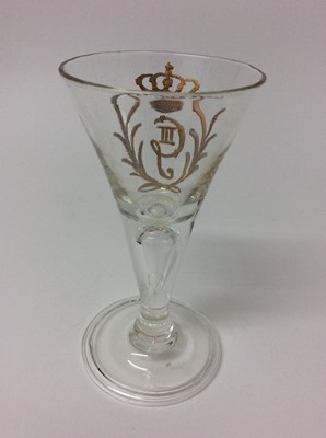 Lot 9 - Eighteenth century -style wine glass boldly engraved and gilded with the cipher of King Gustav III of Sweden , of trumpet form with air bubble to stem raised on bell-shaped folded foot 16 cm high