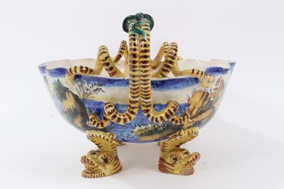 Lot 18 - Good Cantagalli maiolica centrepiece, painted with classical scenes, with serpent-form handles, cockerel mark to base, 41cm across