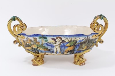Lot 18 - Good Cantagalli maiolica centrepiece, painted with classical scenes, with serpent-form handles, cockerel mark to base, 41cm across