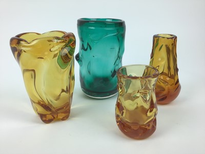 Lot 84 - Whitefriars Aqua knobbly vase, 21.5cm high plus three Amber knobbly vases