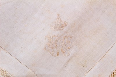 Lot 16 - H.I.H.The Empress Eugenie of France - a fine silk handkerchief finely embroidered to corner with Crowned E monogram with narrow lacework border ,40 cm square .Sold with an envelope inscribed 'this...