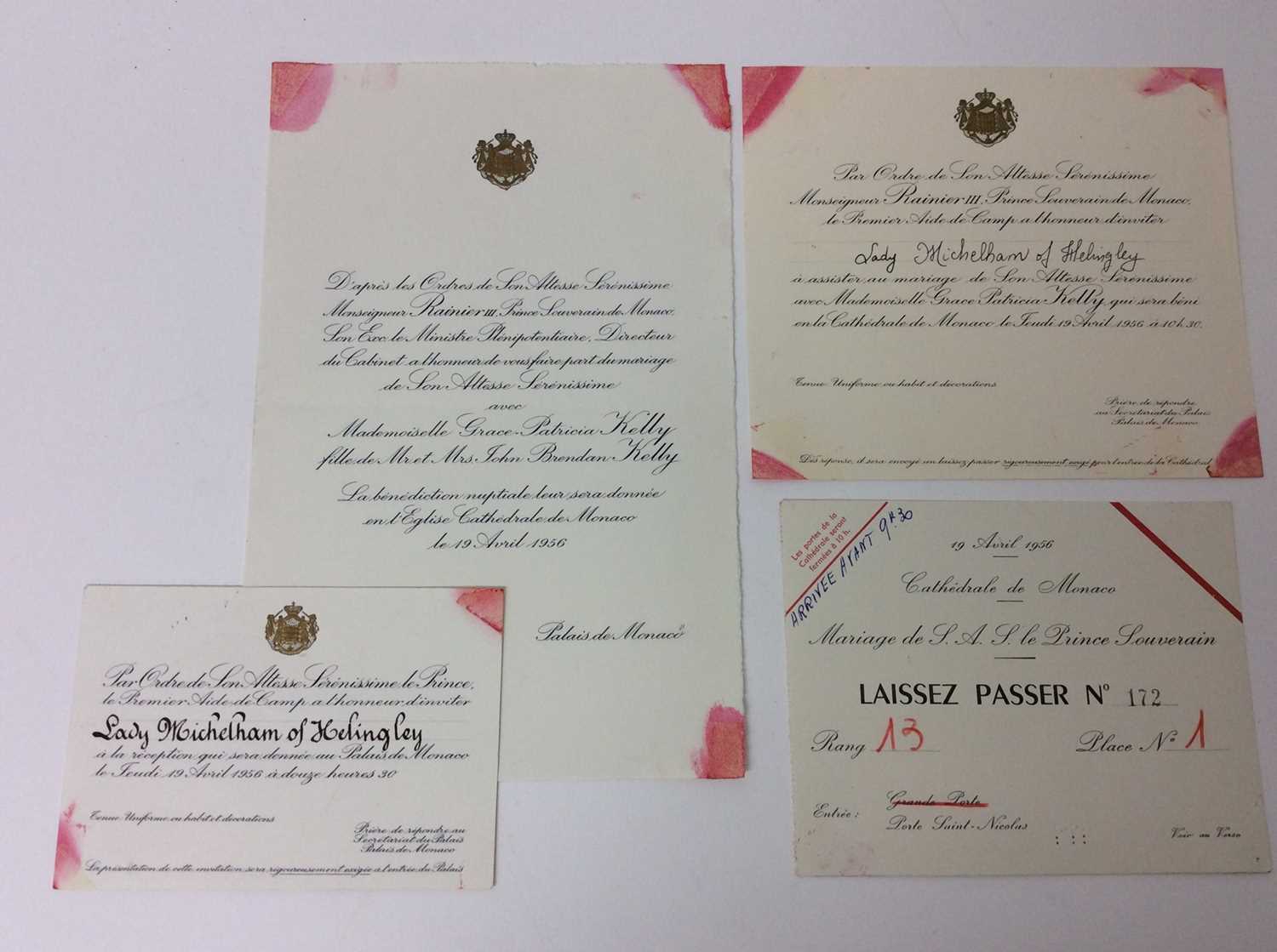 Lot 17 - The Marriage of Prince Rainier III of Monaco to Grace Kelly 19th April 1956- a rare group of ephemera comprising an invitation card and letter inviting Lady Michelham of Helingley , entrance card a...