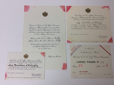 Lot 17 - The Marriage of Prince Rainier III of Monaco to Grace Kelly 19th April 1956- a rare group of ephemera comprising an invitation card and letter inviting Lady Michelham of Helingley , entrance card a...