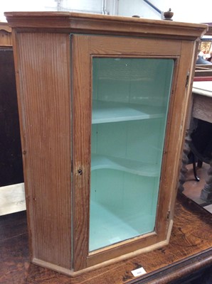 Lot 999 - Antique pine hanging corner cupboard with painted interior enclosed by glazed door