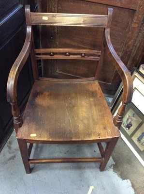 Lot 1039 - Early 19th century Suffolk elbow chair with ball and bar back, scroll arms, curved solid seat on square taper legs joined by stretchers (1)