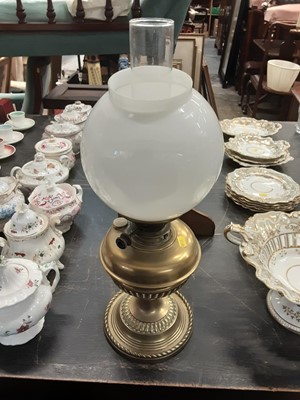 Lot 171 - Late Victorian brass oil lamp with glass shade, brass and steel planeterium/model, Edwardian inlaid mahogany oval tray and a hanging shelf