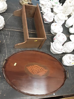 Lot 171 - Late Victorian brass oil lamp with glass shade, brass and steel planeterium/model, Edwardian inlaid mahogany oval tray and a hanging shelf