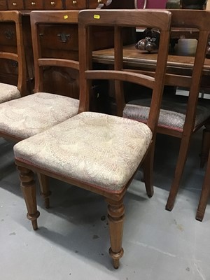 Lot 911 - Set of six Victorian walnut dining chairs with bar backs, over-stuffed seats on turned and faceted front legs