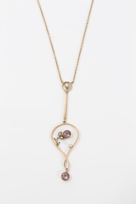 Lot 206 - Art Nouveau amethyst and seed pearl pendant on chain