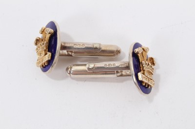 Lot 19 - The wedding of The Prince and Princess of Wales 1981 , pair of yellow metal,silver and enamel cufflinks decorated with POW feather crest and date 1981 with folding bar mounts- presented to Gentleme...