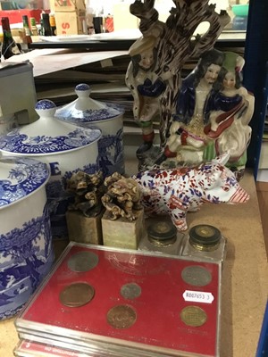 Lot 34 - Set three Spode blue and white tea, coffee and sugar jars, Staffordshire figure group, pair carved hard stone dragon ornaments, pig ornament, pair inkwells and coin sets