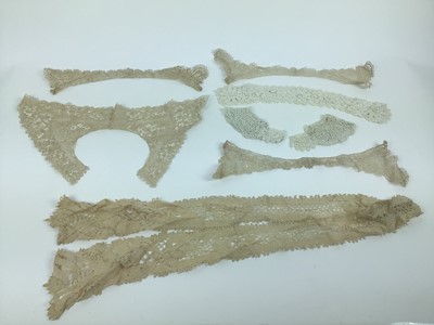 Lot 1753 - Antique hand-made and machine lace including irish crochet, Buckingshire point, Maltese silk floss lace, bobbin lace, Honiton lace lengths 250 x 15 cm and 280 x 16.5 cm approximately