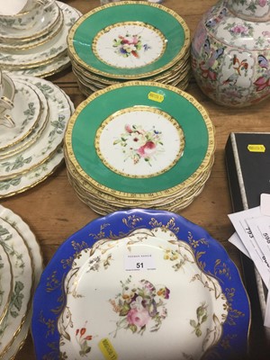 Lot 51 - Seventeen Victorian porcelain dessert plates with polychrome painted floral decoration on green ground together with a set of six Victorian porcelain dessert plates with hand painted floral decorat...