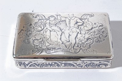 Lot 175 - Early 19th century white metal and niello work snuff box, with hinged cover decorated with a scene depicting a courting couple and gilded interior, 7cm in length