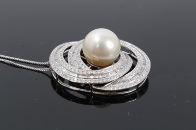 Lot 189 - Diamond and cultured pearl pendant in 18ct white gold setting on 18ct white gold chain, estimated total diamond weight approximately 3.5cts