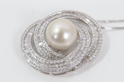 Lot 189 - Diamond and cultured pearl pendant in 18ct white gold setting on 18ct white gold chain, estimated total diamond weight approximately 3.5cts
