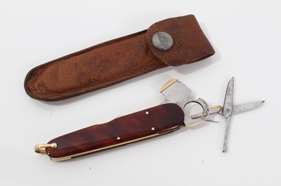 Lot 190 - 18ct gold and tortoiseshell mounted multi-combination pen knife in leather pouch