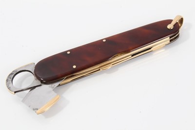 Lot 190 - 18ct gold and tortoiseshell mounted multi-combination pen knife in leather pouch
