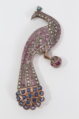 Lot 191 - Late 19th century Indian diamond, ruby and sapphire and gem set brooch in the form of a peacock