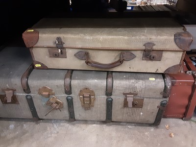 Lot 280 - Vintage canvas and brown leather suit case, vintage cabin trunk and one other vintage case